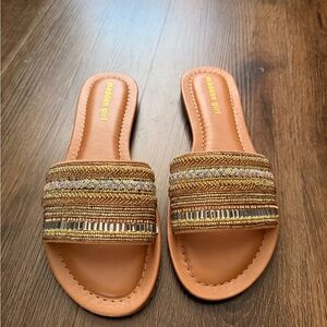 Madden Girl Gold Beaded Tan Slide Sandals